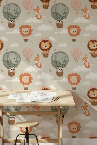 Whimsical Animals Wallpaper Clouds Pastel Decorative Mural