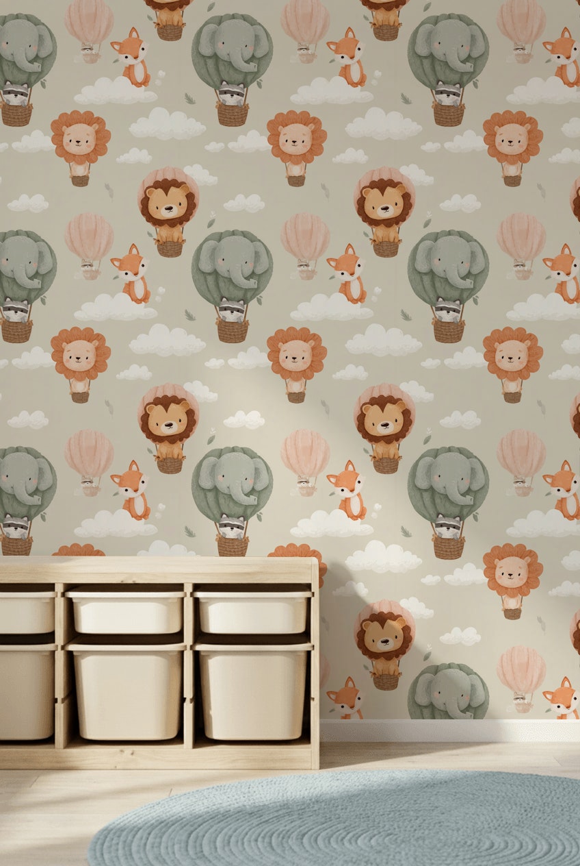 Whimsical Animals Wallpaper Clouds Pastel Decorative Mural