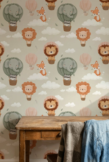 Whimsical Animals Wallpaper Clouds Pastel Decorative Mural