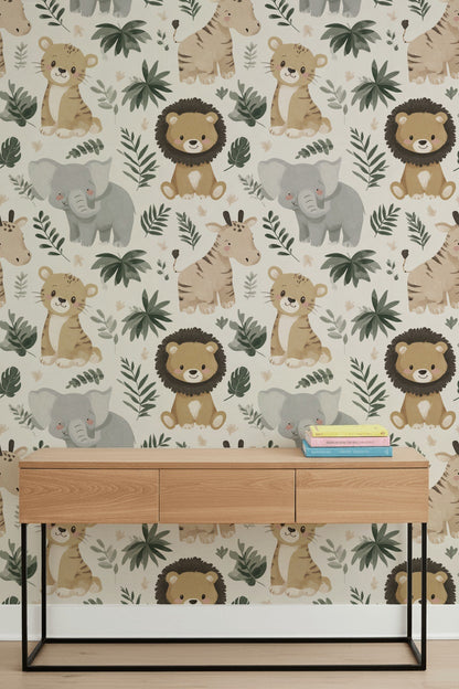 Jungle Animals Wallpaper Cartoon Playful Decorative Mural