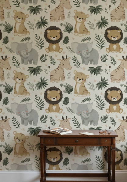 Jungle Animals Wallpaper Cartoon Playful Decorative Mural
