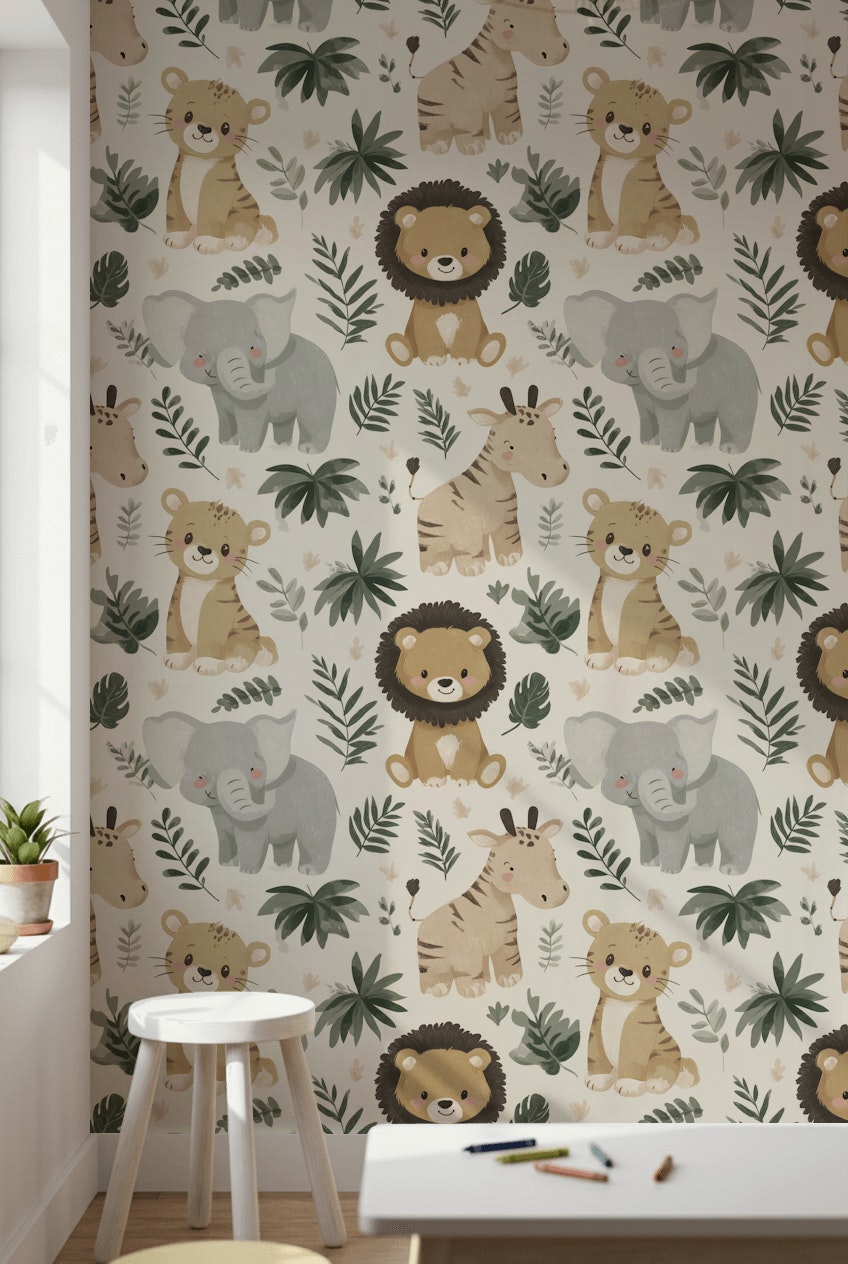 Jungle Animals Wallpaper Cartoon Playful Decorative Mural