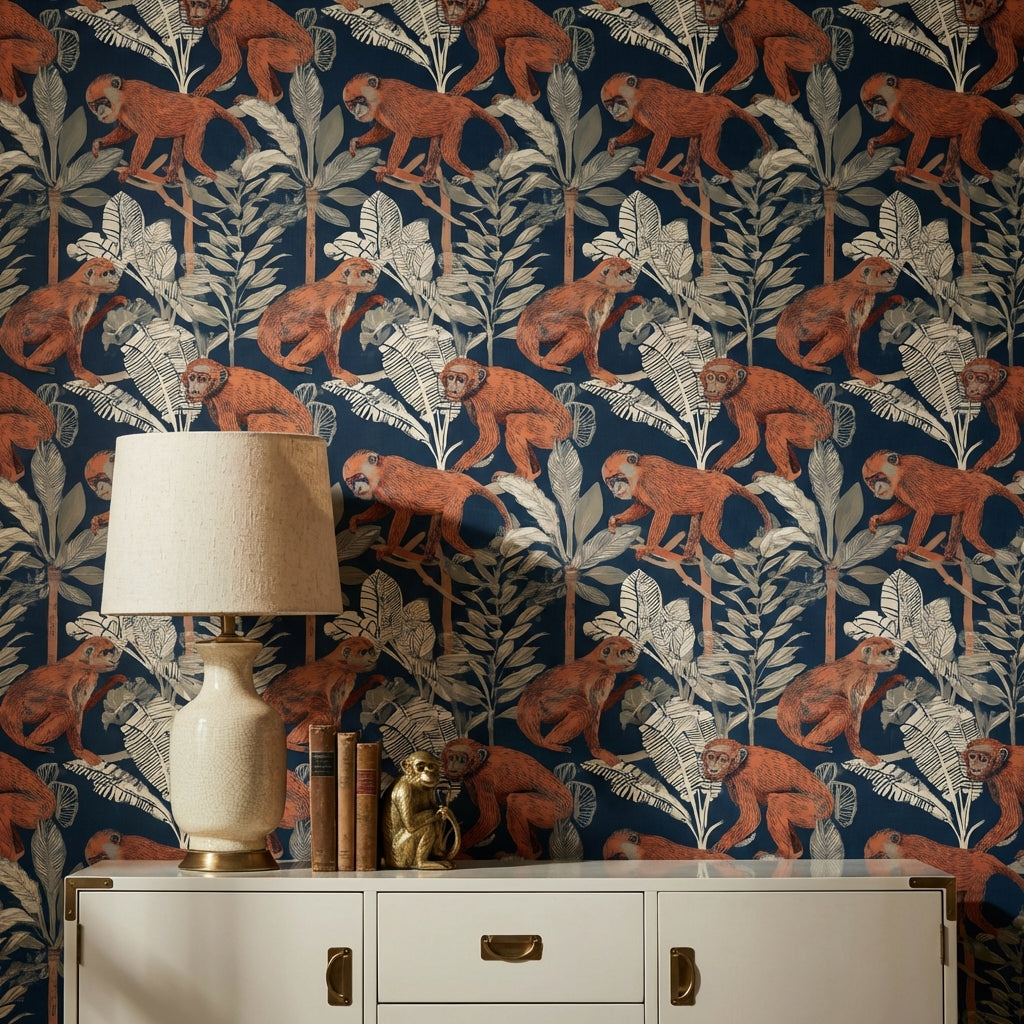Monkeys Wallpaper Tropical Navy Decorative Mural