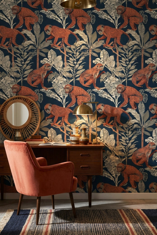 Monkeys Wallpaper Tropical Navy Decorative Mural