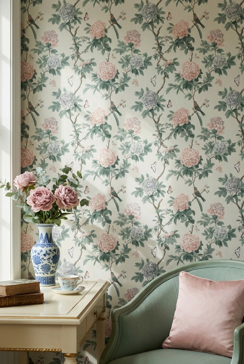 Vintage Floral Wallpaper Birds Removable Butterflies Wall Double Roll