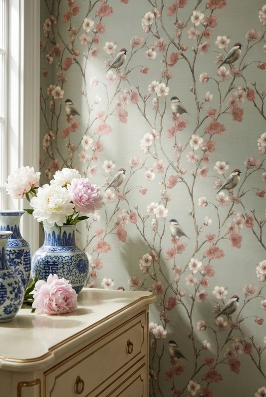 Vintage Wallpaper Birds Floral Decorative Mural