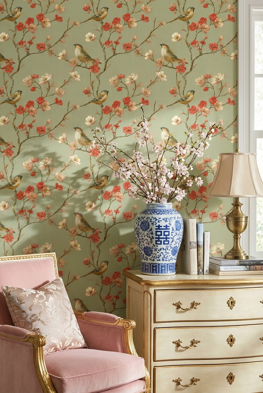 Muted Green Wallpaper Vintage Floral Wall Mural