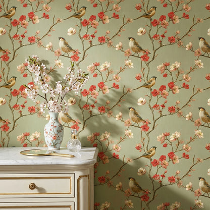 Muted Green Wallpaper Vintage Floral Wall Mural