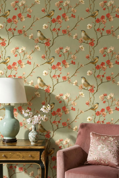 Muted Green Wallpaper Vintage Floral Wall Mural