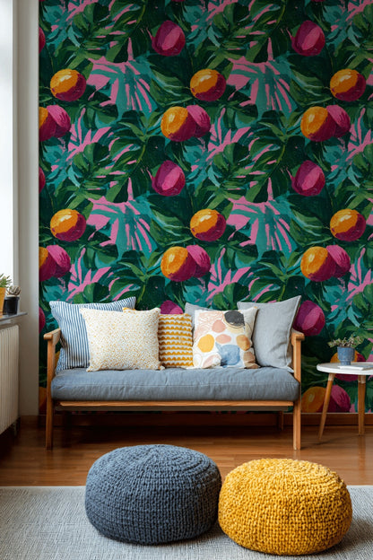 Tropical Leaves Wallpaper Fruits Vibrant Removable Wall Decor