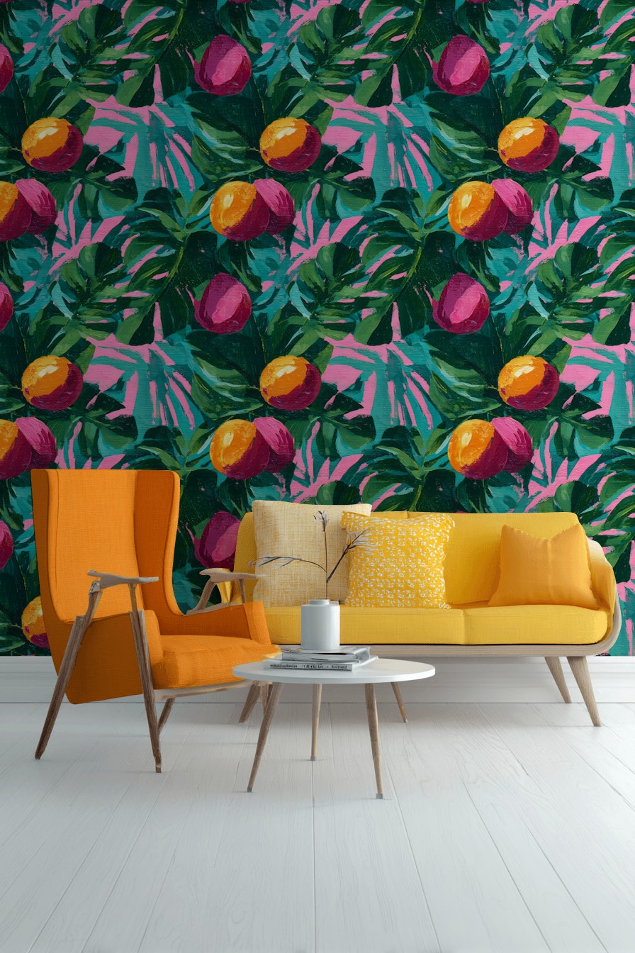 Tropical Leaves Wallpaper Fruits Vibrant Removable Wall Decor