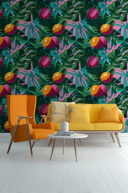 Tropical Leaves Wallpaper Fruits Vibrant Removable Wall Decor