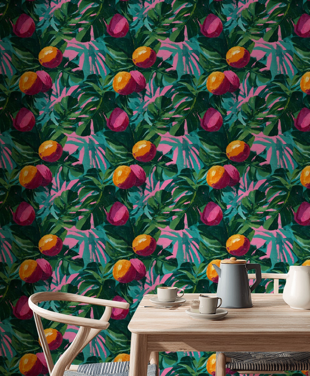 Tropical Leaves Wallpaper Fruits Vibrant Removable Wall Decor