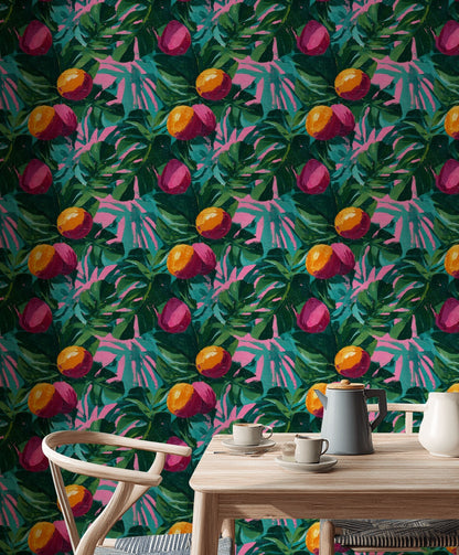 Tropical Leaves Wallpaper Fruits Vibrant Removable Wall Decor