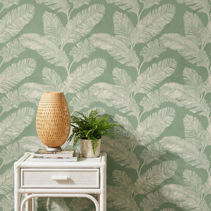Muted Green Wallpaper Natural Leaf Decorative Mural