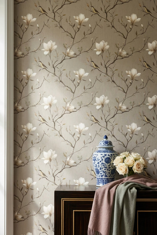 Floral Wallpaper Magnolia Bird Decorative Mural