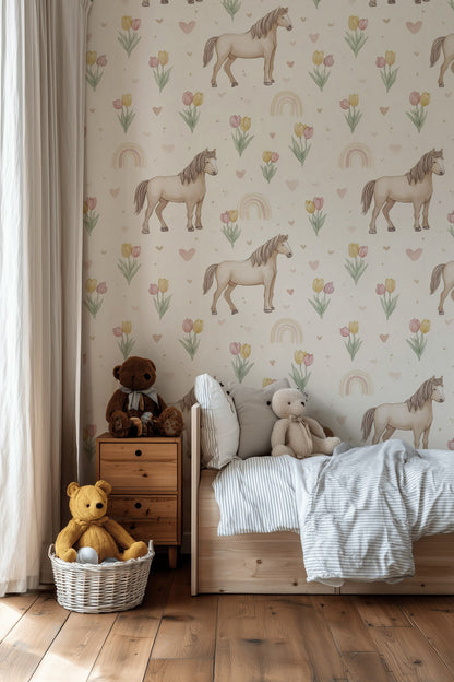 Horses Wallpaper Tulips Hearts Decorative Mural