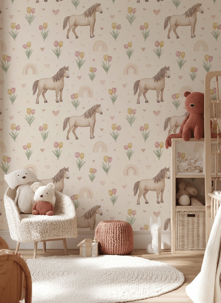Horses Wallpaper Tulips Hearts Decorative Mural