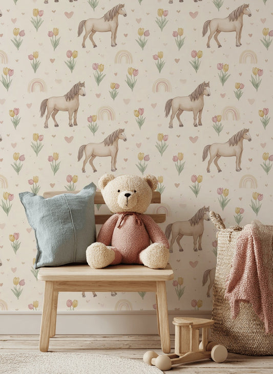 Horses Wallpaper Tulips Hearts Decorative Mural
