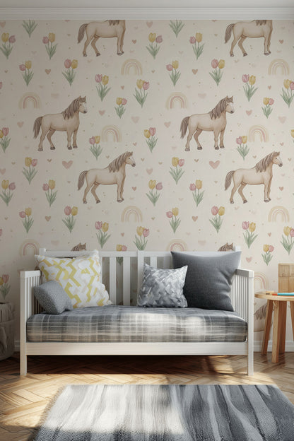 Horses Wallpaper Tulips Hearts Decorative Mural