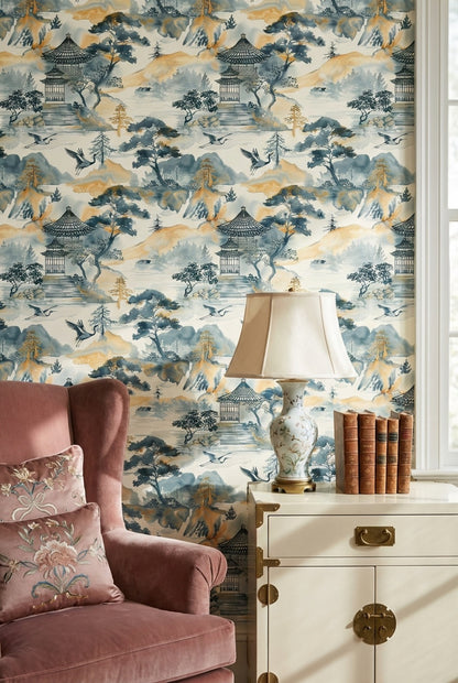 Asian Landscape Wallpaper Pagoda Traditional Decorative Mural