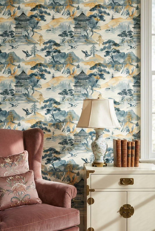 Asian Landscape Wallpaper Pagoda Traditional Decorative Mural