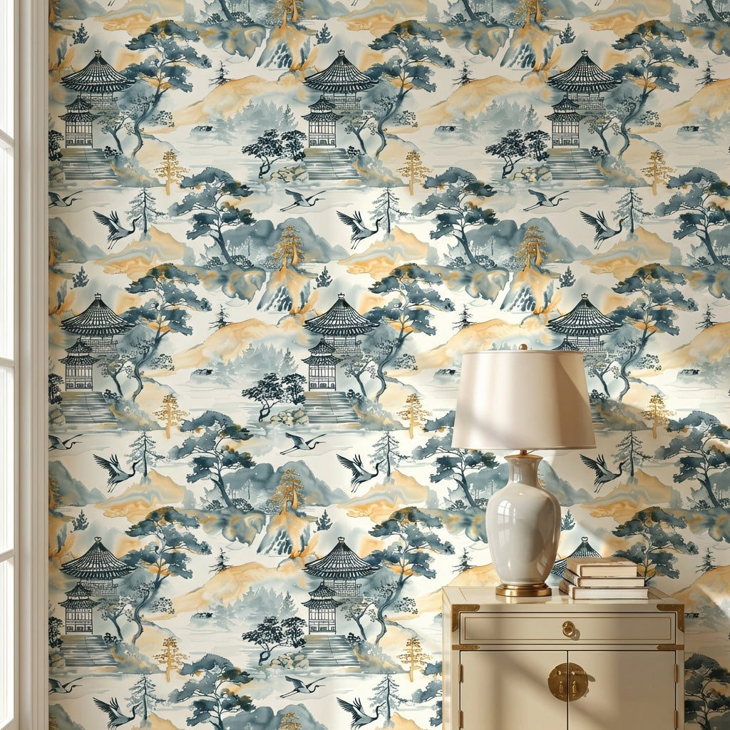 Asian Landscape Wallpaper Pagoda Traditional Decorative Mural