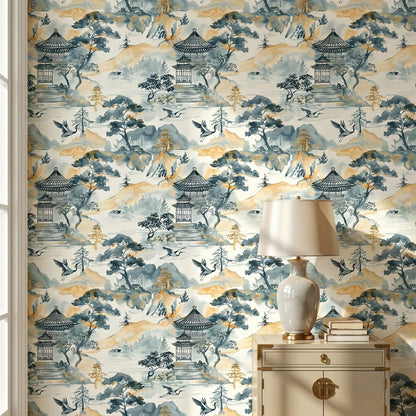 Asian Landscape Wallpaper Pagoda Traditional Decorative Mural