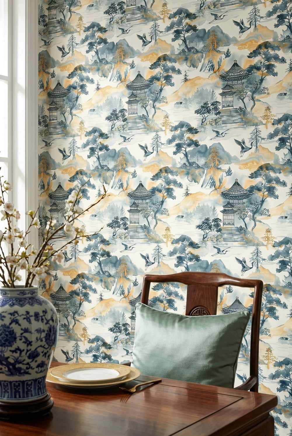 Asian Landscape Wallpaper Pagoda Traditional Decorative Mural