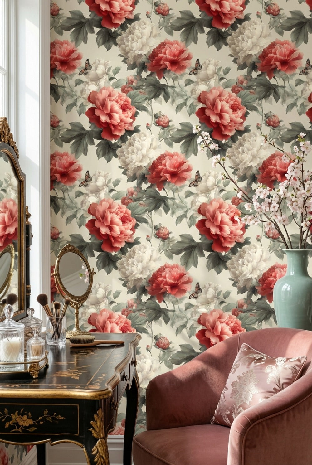 Floral Wallpaper Peonies Butterfly Decorative Mural