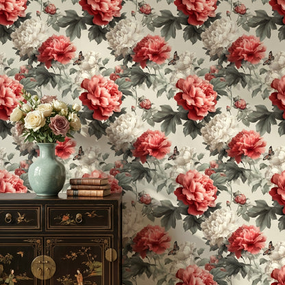 Floral Wallpaper Peonies Butterfly Decorative Mural