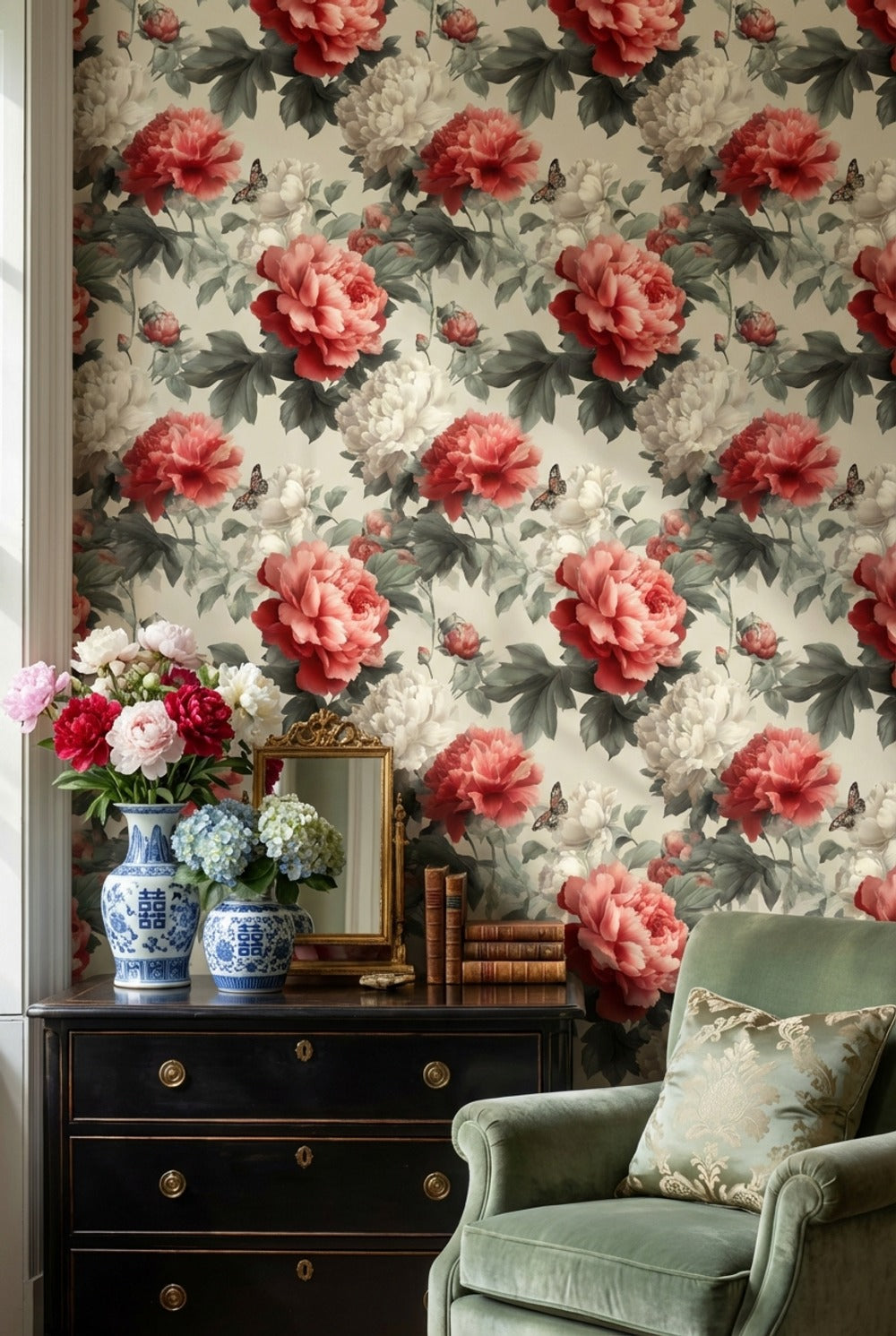 Floral Wallpaper Peonies Butterfly Decorative Mural