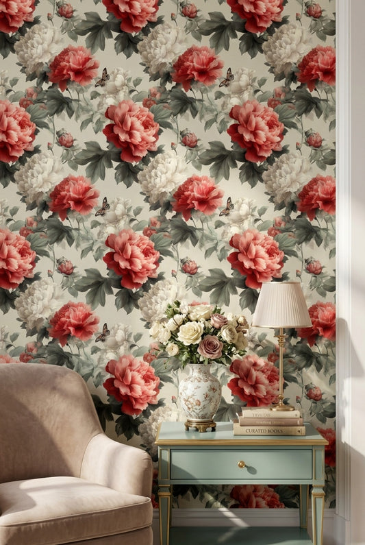 Floral Wallpaper Peonies Butterfly Decorative Mural