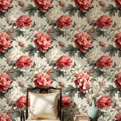 Floral Wallpaper Peonies Butterfly Decorative Mural