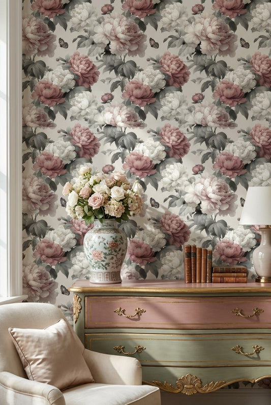 Muted Green Wallpaper Vintage Floral Wall Decor