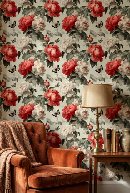 Floral Wallpaper Peonies Removable Butterflies Wall Double Roll