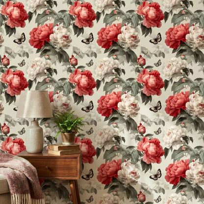Floral Wallpaper Peonies Removable Butterflies Wall Double Roll