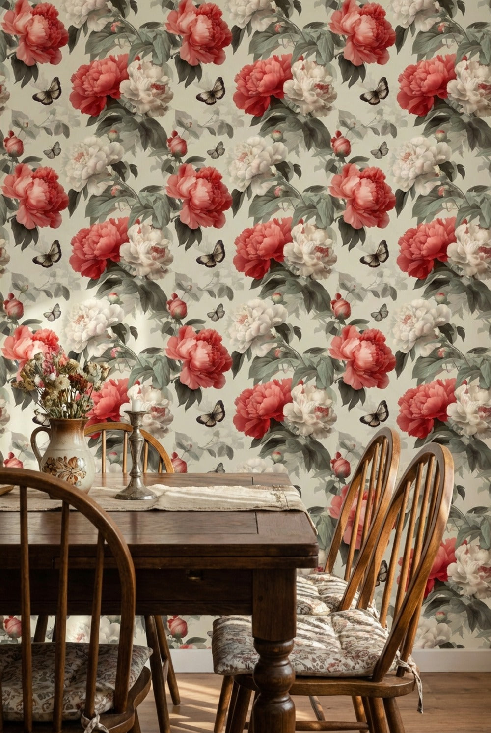 Floral Wallpaper Peonies Removable Butterflies Wall Double Roll