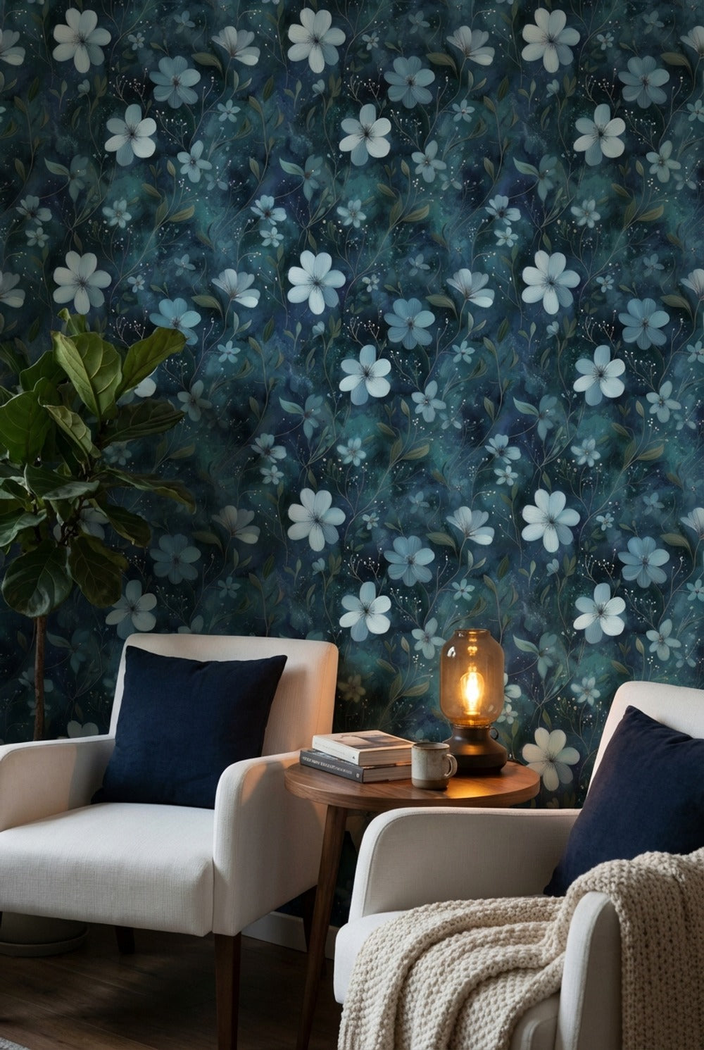 Floral Wallpaper Blue Abstract Decorative Mural