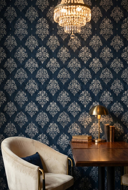Vintage Damask Wallpaper Elegant Removable Navy Wall Decor