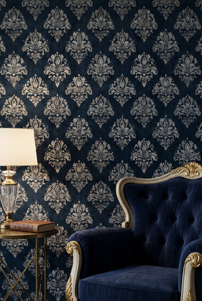 Vintage Damask Wallpaper Elegant Removable Navy Wall Decor