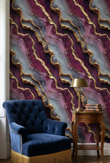 Marble Wallpaper Purple Golden Look  Removable Wall Decor