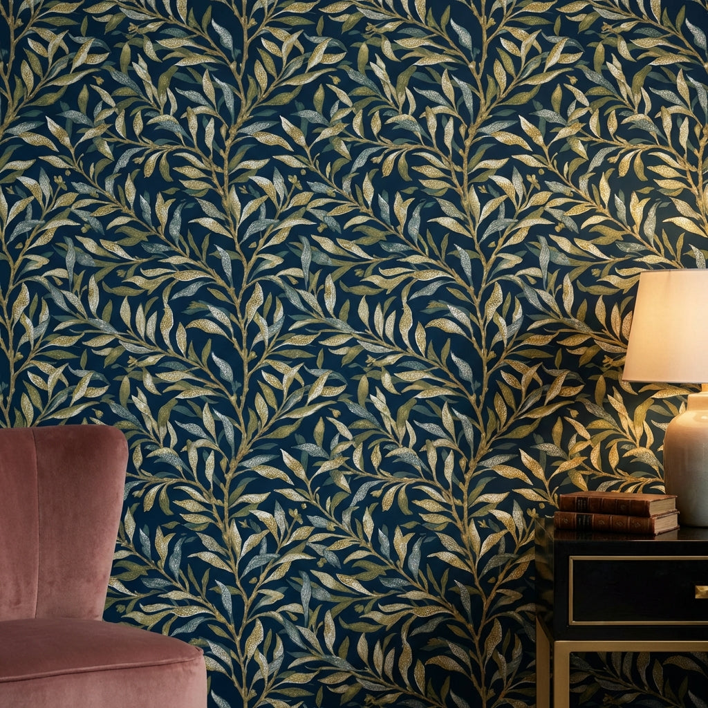 Navy Leaves Wallpaper Golden Look  Removable Floral Wall Mural