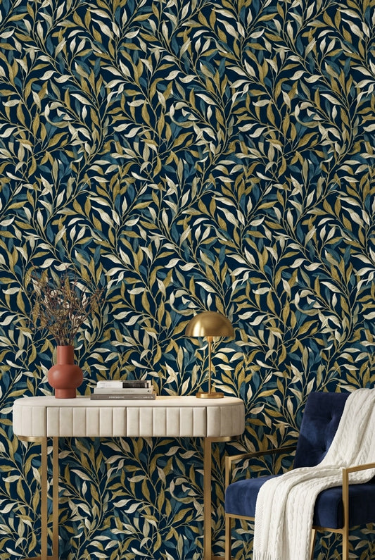 Leaves Wallpaper Navy Modern Decorative Mural