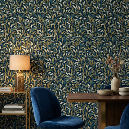 Leaves Wallpaper Navy Modern Decorative Mural