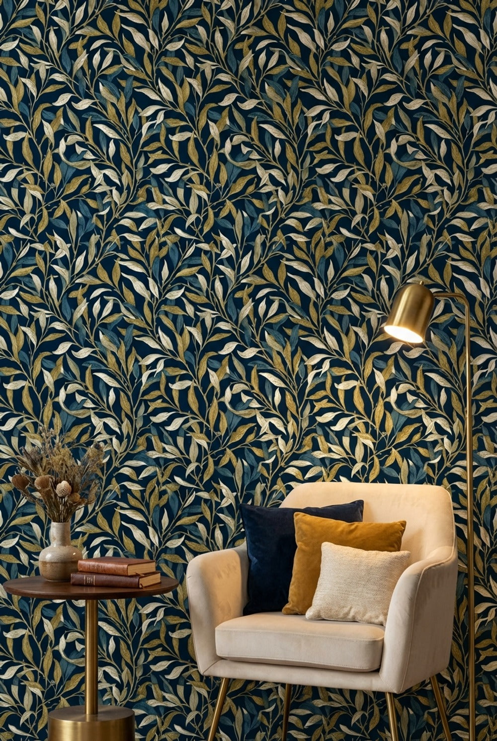 Leaves Wallpaper Navy Modern Decorative Mural