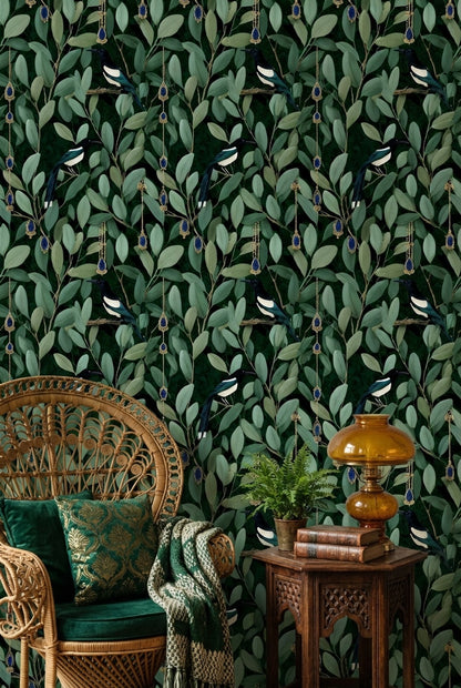 Foliage Wallpaper Birds Ornate Removable Wall Decor