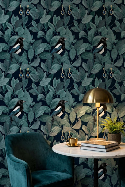 Magpie Wallpaper Teal Leaves Dark Background Mural