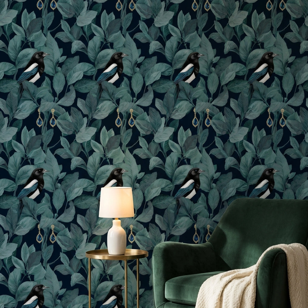 Magpie Wallpaper Teal Leaves Dark Background Mural