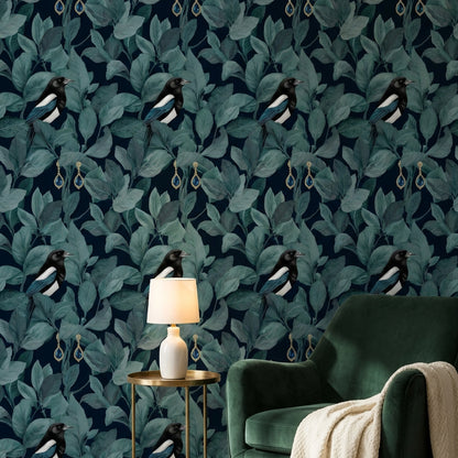 Magpie Wallpaper Teal Leaves Dark Background Mural
